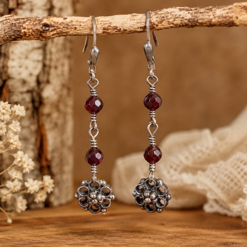 Vintage Artisan Garnet Glass Drop Earrings Oxidized Silver Tone Floral Dangles